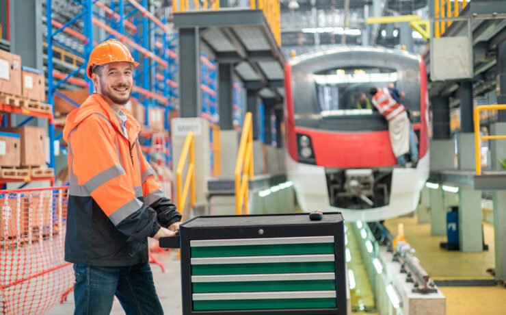 Railway maintenance worker in orange reflective clothing pushes a toolbox in a train depot with a train in the background.